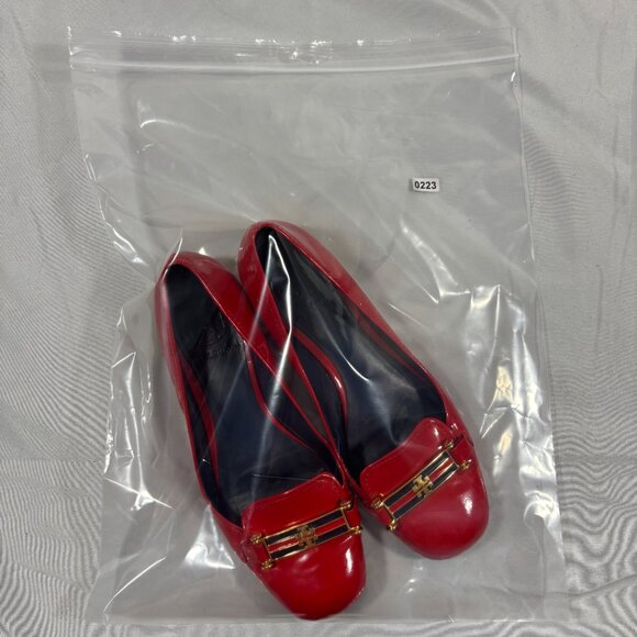 TORY BURCH Red Flats Patent Leather Ballet With Logo Cerise Shoes Size 6.5M - Picture 9 of 9